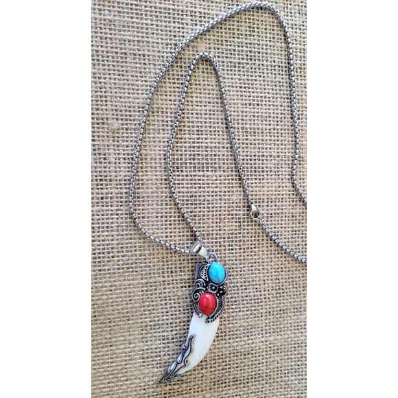 22" Snake Chain with 3" Horn Pendant embellished with Faux Turquoise Red & Blue - Picture 4 of 5